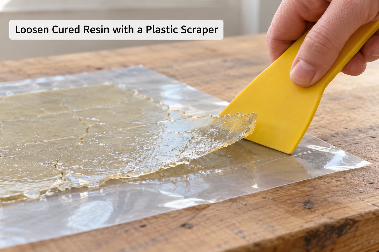 Loosen Cured Resin with a Plastic Scraper