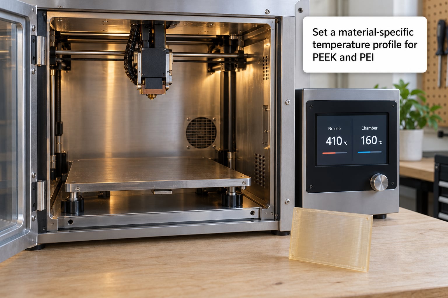 Set a material-specific temperature profile for PEEK and PEI